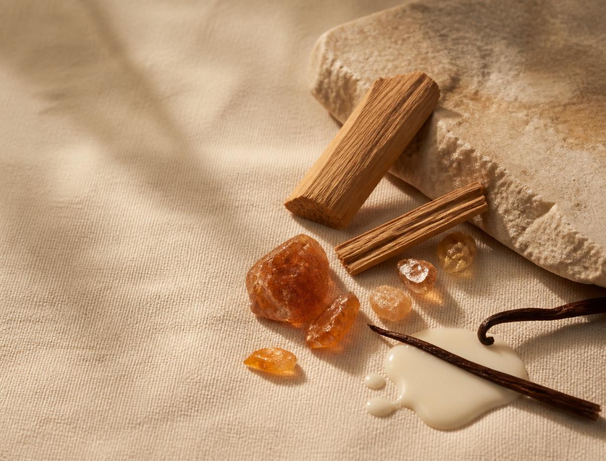 Sandelholz, Amberstücke und Vanillemilch auf beigem Leinen