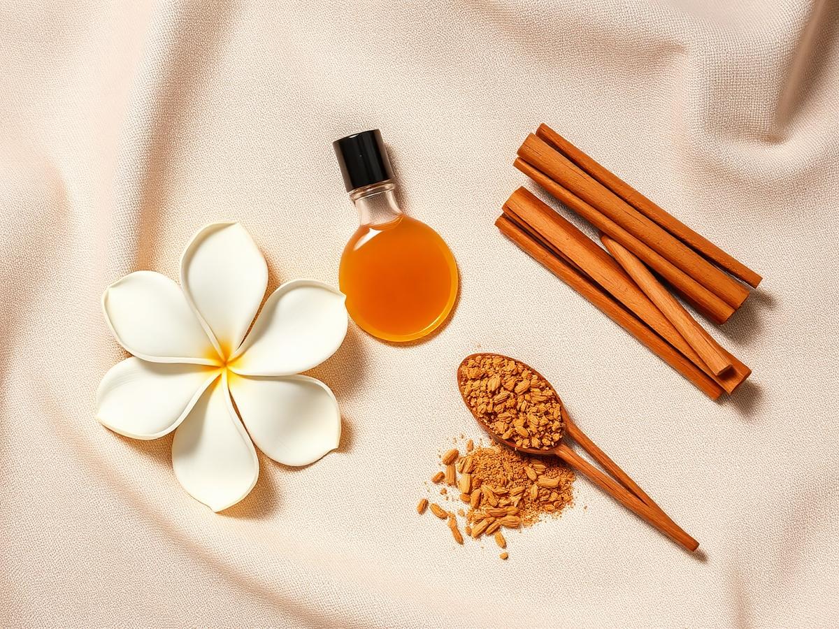 Flatlay mit Vanilleblüte, Karamell und Sandelholz