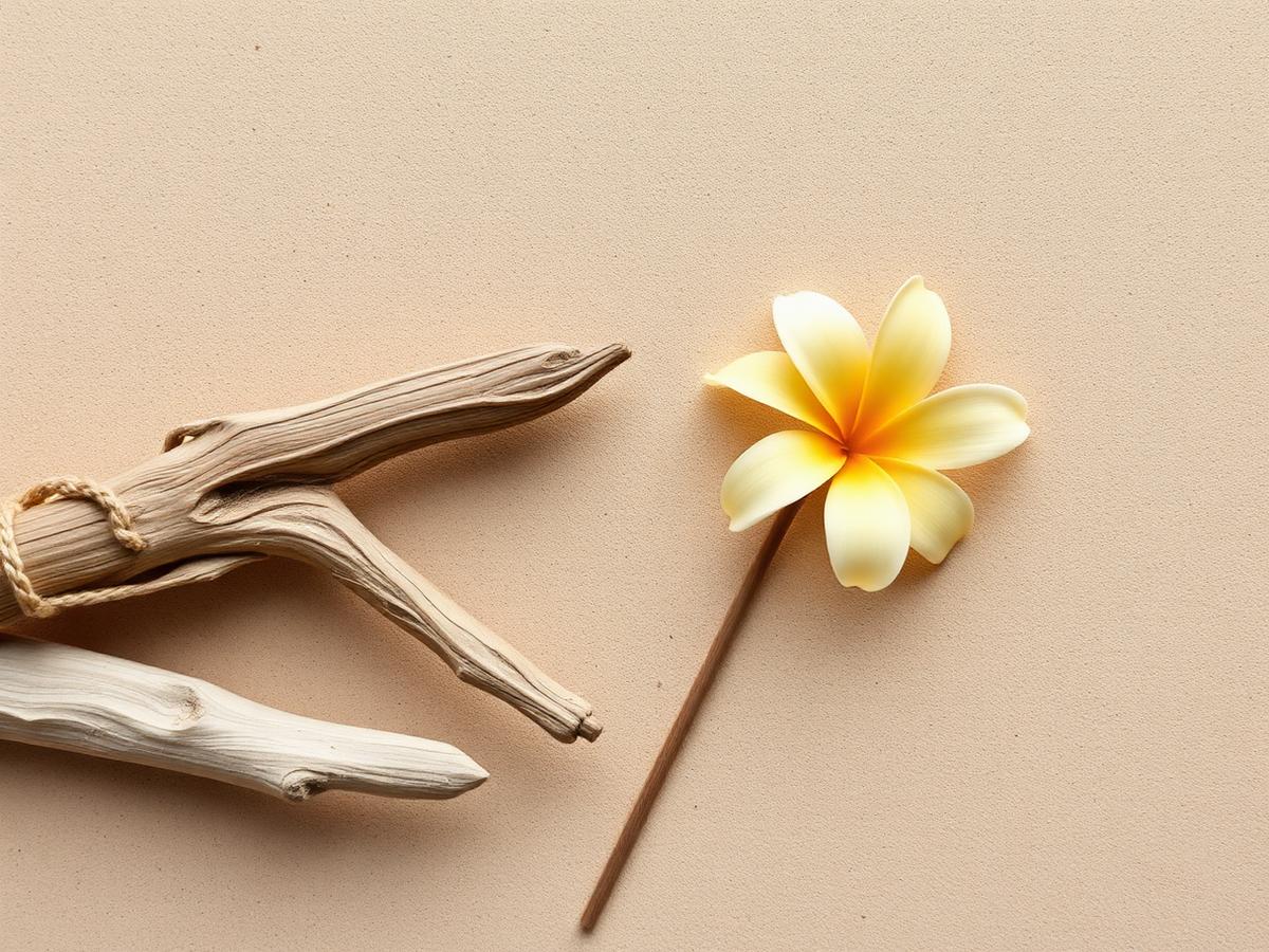 Treibholz, Safranfäden und Vanilleblüte auf Beige
